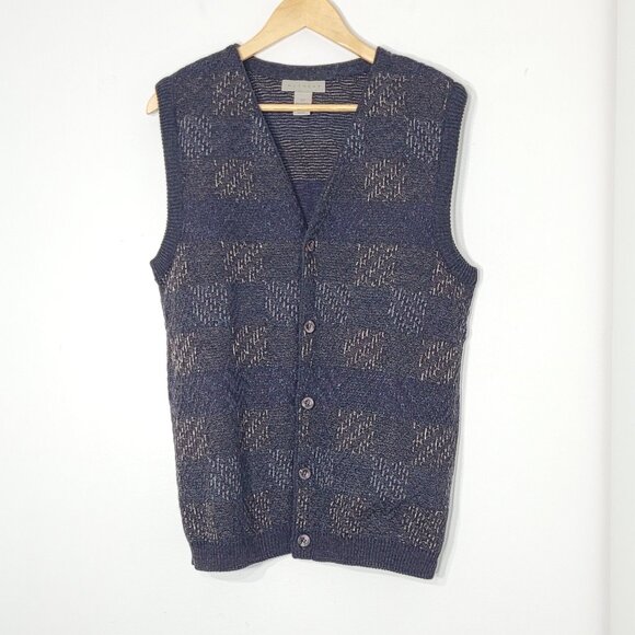 Retreat Vintage Men's Purple Tan Grey Plaid Sleeveless Button Down Knitted Vest - Picture 1 of 11
